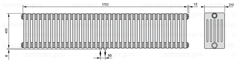 Схема (чертеж) Радиатор Zehnder Charleston 6045/37 №3470 Белый глянцевый RAL 9016